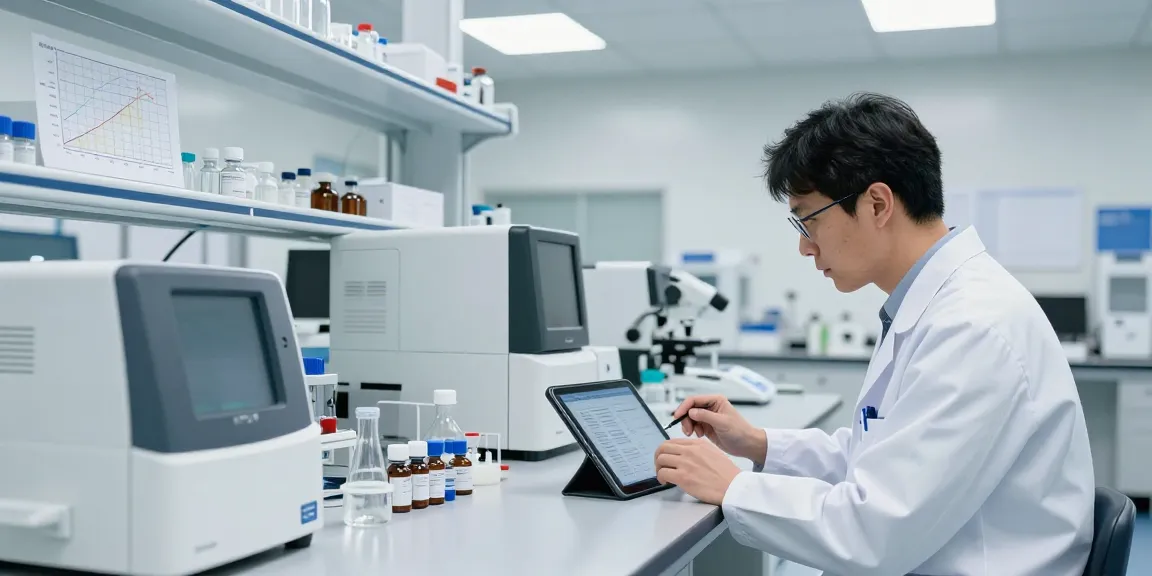 Scientist conducting Ipamorelin research sup analysis in a high-tech laboratory.
